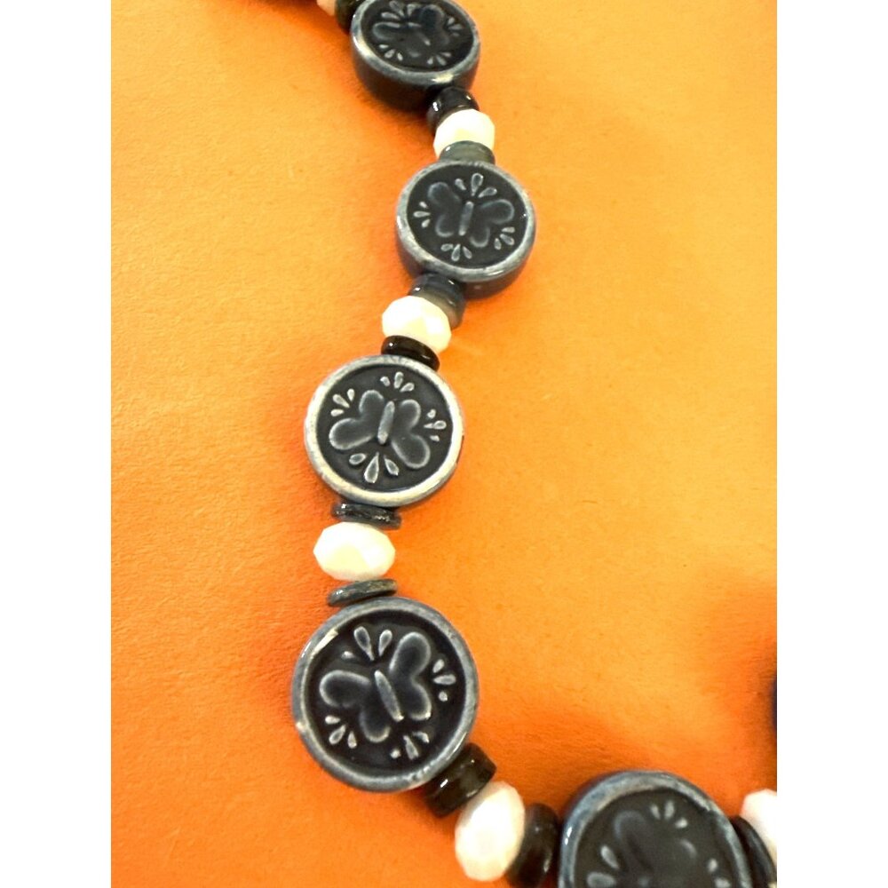 Vtg Blue Ceramic Tile Butterfly Beaded Necklace White Accents & Lobster Clasp